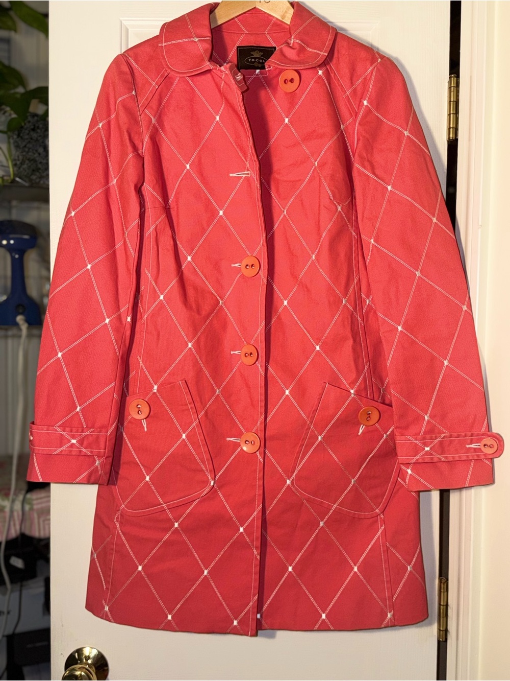 TOCCA Coral Embroidered Diamond Lattice Trench Coat Size 4 Vintage Y2K
